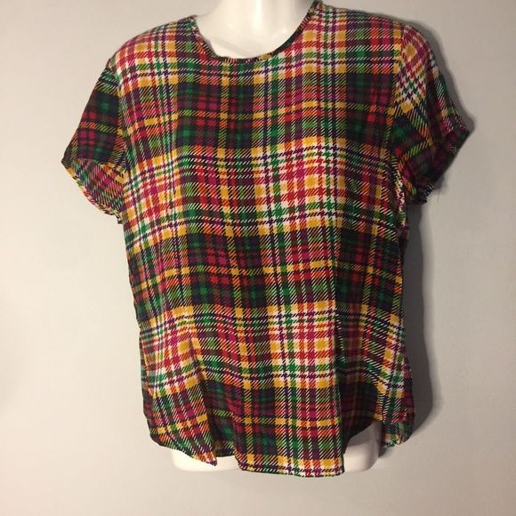Silk Plaid Short Sleeve 100% Silk Top - Picture 3 of 8